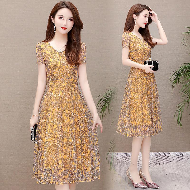 Floral Dress Women Summer A-line Dresses Long V-neck Veil