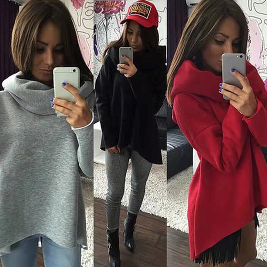 Women's Irregular Turtleneck Scarf Collar Sweatshirt Long Sleeve Pullover Sweatshirt Casual Solid Color Personalized Loose Hooded Sweatshirt