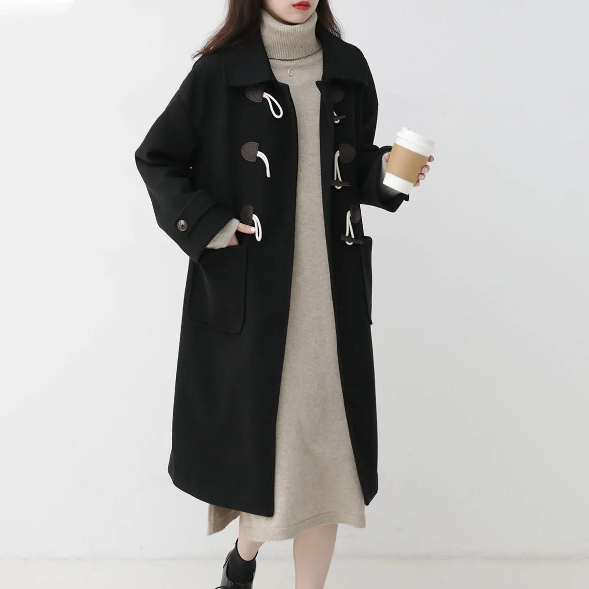 Retro Horn Button Woolen Coat Women's Mid-length 2021 Autumn and Winter Korean Style Thick Woolen Coat