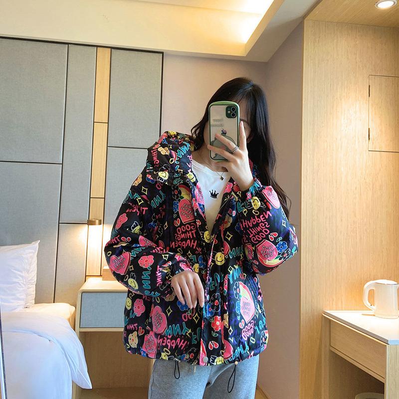 Women's Printed Short Down Jacket Winter Korean Style Loose Quilted Jacket Casual Stand-up Collar Hooded Padded Jacket Quilted Jacket
