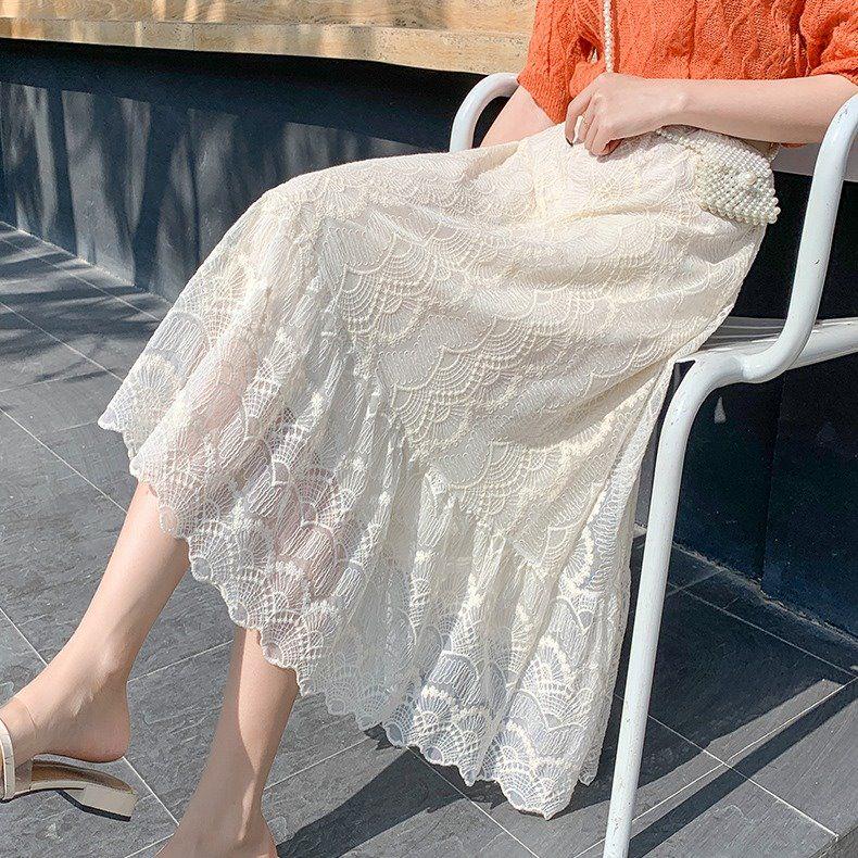 Spring Summer Long Skirt Women Clothing 2020 Flower Embroidered Lace Mesh Skirts Sweet Pleated Tulle Skirt Faldas Saias