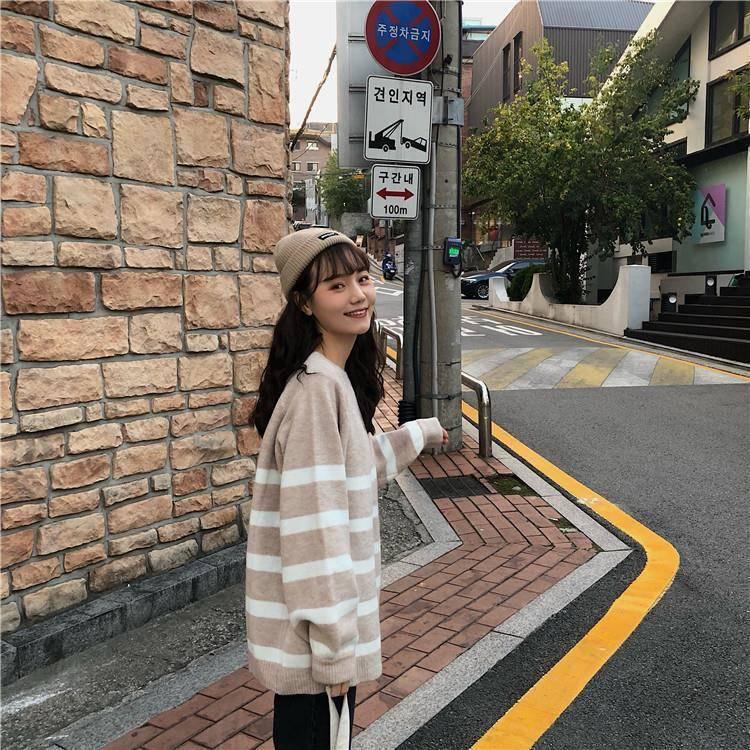 Pofulove Winter Harajuku Style Striped Sweater Schoolgirl Loose Mid-length Sweater Coat Grey Dress Apricot Sweater