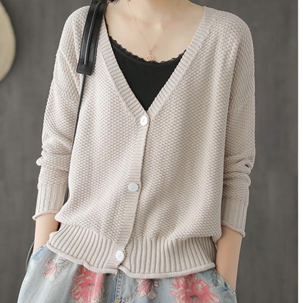 Spring and Autumn Plus Size Women's Lazy Style Knitted Cardigan Jacket Loose Literary Buttons Casual Sweater
