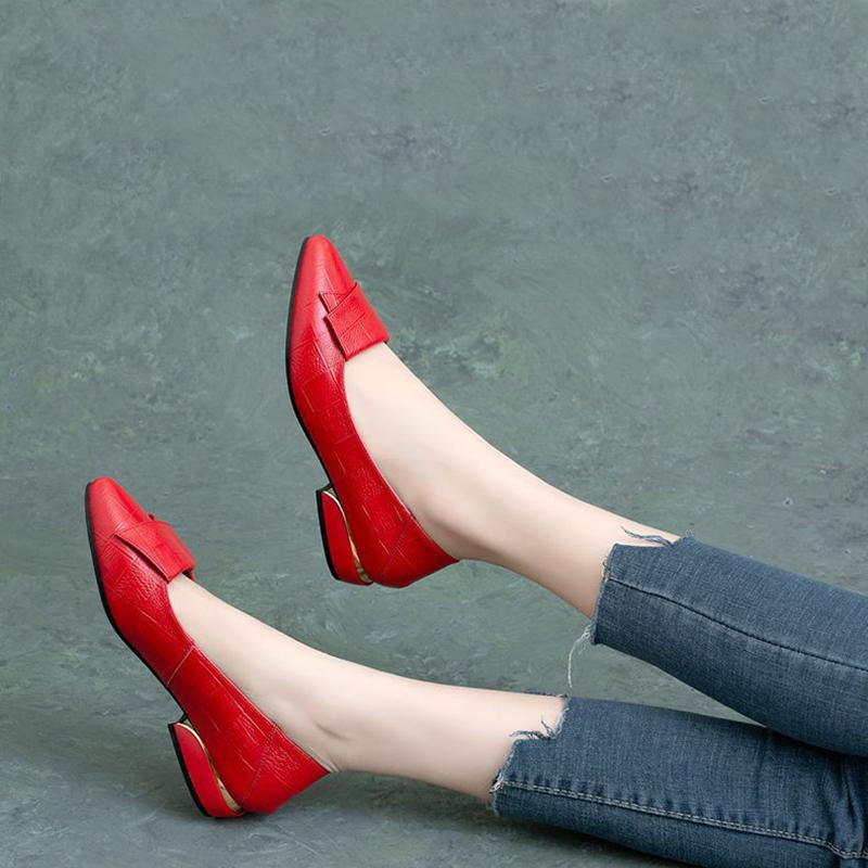 Women Shoes PU Leather Midi Pumps Square Heels Black Red Heel Party Wedding Fashion Pointed Toe Ladies Wedges Heels