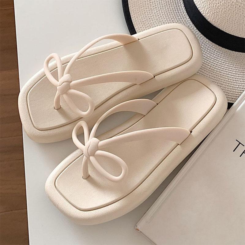 Fairy Wind Bow Flip-flops Female Summer Solid Color Outer Wear Soft Bottom Seaside Clip-on Beach Sandals and Slippers