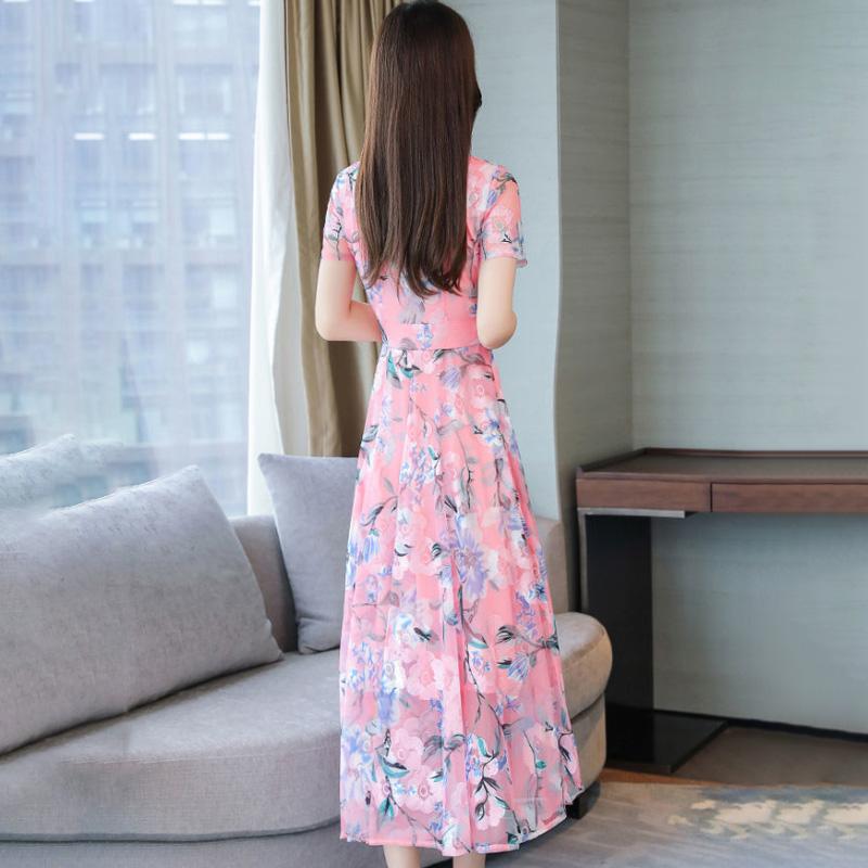 Summer Korean Chiffon Dress Women's Casual Short Sleeve Temperament Large Blue Pink Flower Round Neck Dress