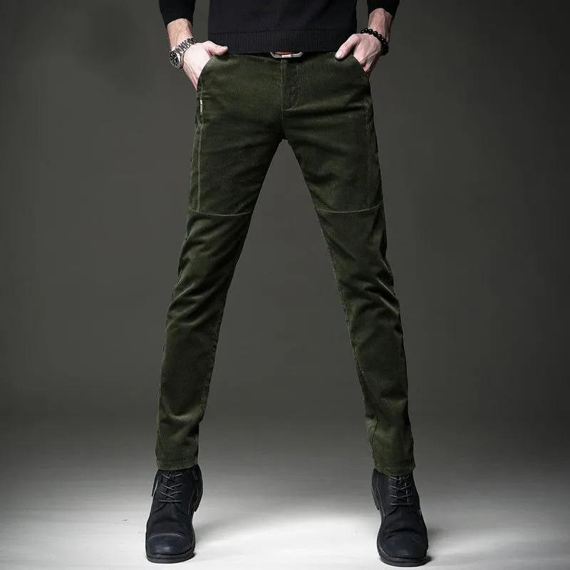 Men's Autumn and Winter Corduroy Casual Pants Slim-fit Pants with Small Feet Male Straight-leg Korean Style Trousers Business Streetwear Elastic Waist