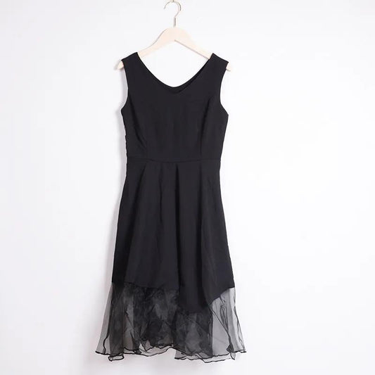 Summer Women's Sleeveless Dress Cotton Yarn Chiffon Long Skirt V-neck Thin Black and White