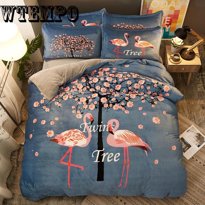 Winter Crystal Flannel Bedding Set  Soft Pattern Cotton Bed Linens Duvet Cover Set Bed Sheet