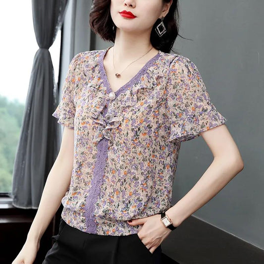 Women's Summer Print Loose Top Round Neck Versatile Chiffon Short Sleeves