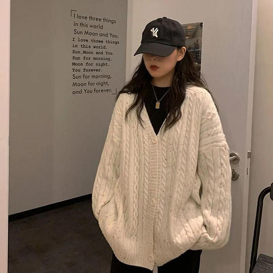 Autumn and Winter Women's Outer Wear Warm Sweater Casual Loose Thick Retro All-match Korean Twist Knitted Cardigan