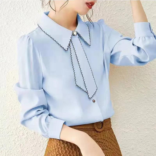 Spring and Autumn Streamer Shirt Inside and Outside Wear Shirt Sweet Puff Sleeve Top Women