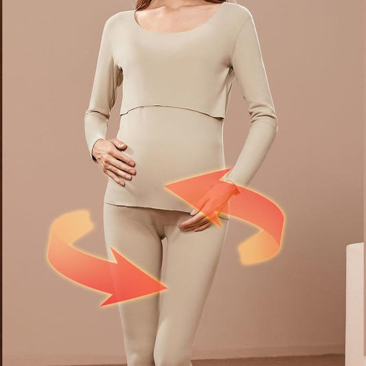 Pregnant Women's Seamless Thermal Underwear Set, Breastfeeding Autumn and Winter Plus Cashmere Pregnancy and Postpartum Nursing Pajamas
