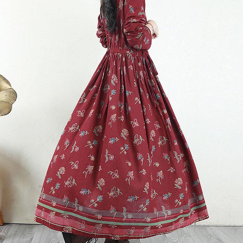 Hua Funi Retro Big Swing Cotton and Linen Women's Dress Spring Super Long Print Waist Temperament Long Skirt Loose Ethnic Style Dress