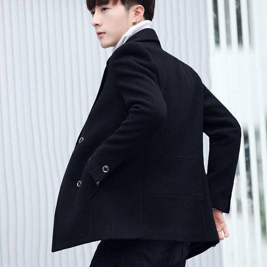 Fashion Trend Slim Men's Windbreaker Short Suit Collar Double-breasted Woolen British Style Wool Coat