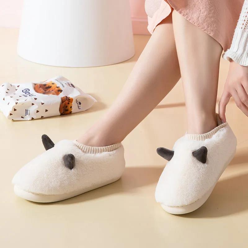Women's Cotton Slipper Bag with All-match Non-slip Thick-soled Warm Fleece Slippers for Autumn and Winter Outdoor Wear