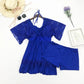 Plus Size Swimsuit Women's Solid Color Lace V-neck Tie Pleated Swimwear with Chest Pad Sexy Backless Beachwear Belly Cover Skirt Separate Swimsuit