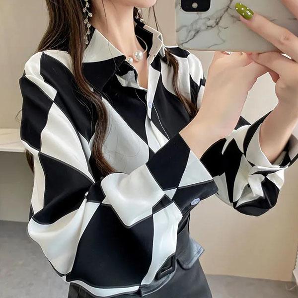 Long-sleeved Casual Tops Large Size Loose Chiffon Shirts Women's Spring and Autumn Lapel Elegant Printed Blouses