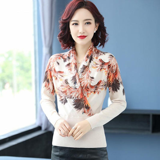 High-end Woolen Sweater Autumn Winter Women Printed Sweater Casual Long Sleeve Soft Slim Pullover Female Knitted Jumper Tops