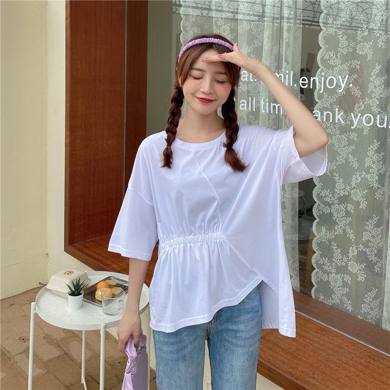 Pleating Irregular Summer Women's Fashion Asymmetry Tops Short Sleeve Solid Color Casual Loose T-shirt