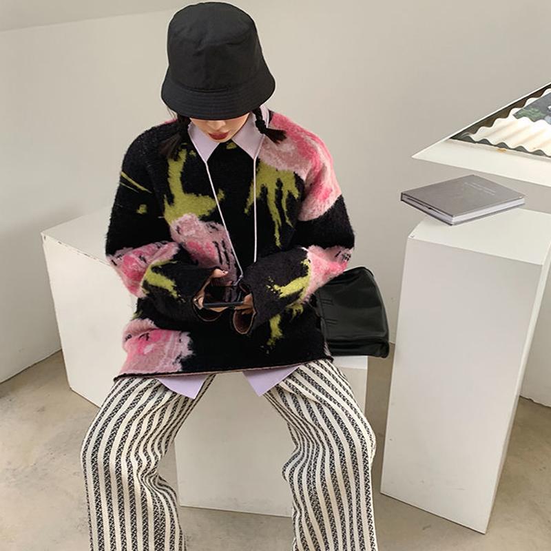 Women's Sweater Loose Outer Wear Autumn  Winter Casual Retro Jacquard Mid-length Pullover Knit Top