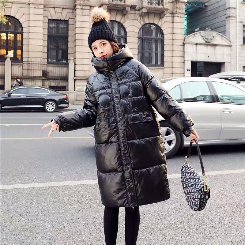 Mid-length Disposable Bright Face Stand-up Collar Hooded Women's Cotton-padded Coat Knee-length Cotton-padded Coat Thick Loose Bread Warm Jacket