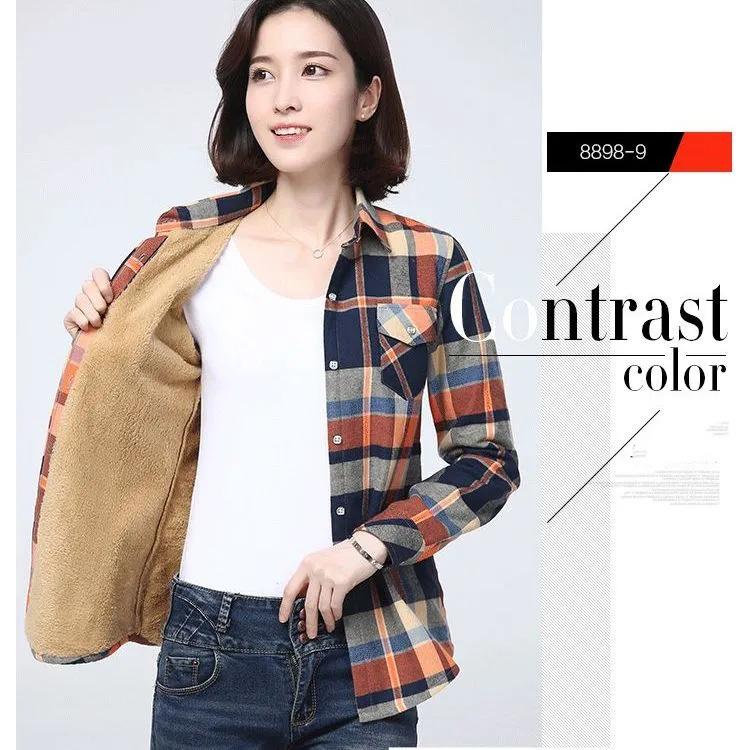 Winter Warm Women Velvet Thicker Jacket Plaid Shirt Style Coat Casual Outerwear
