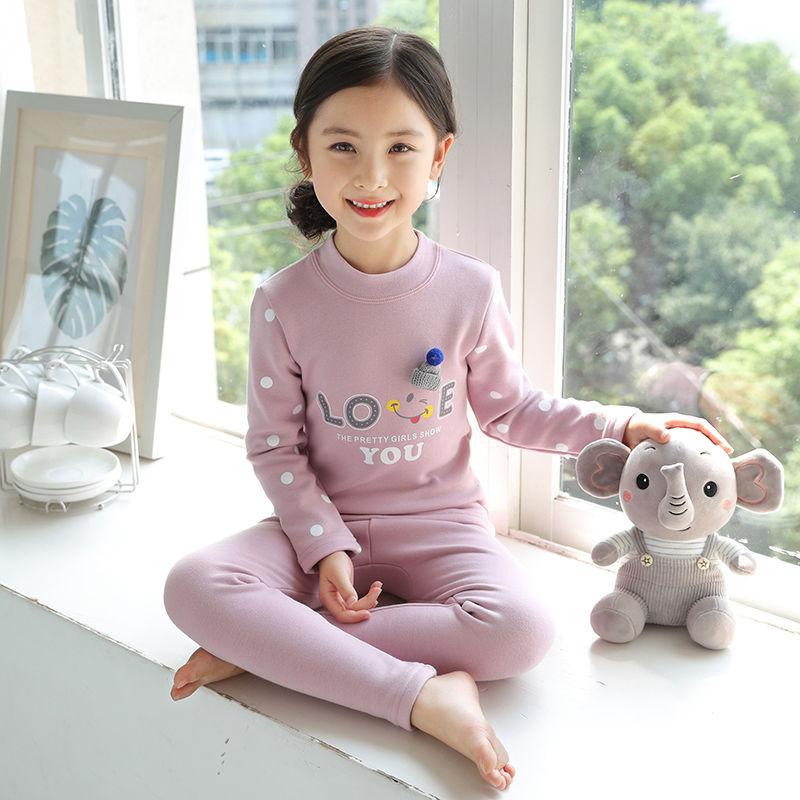 Winter Thermal Underwear Suit Little Girl Baby Pure Cotton Plus Velvet Thick Autumn Clothes Long Trousers