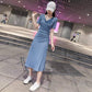 Pofulove S-XL Women Short-sleeved Split Drawstring A-line Dress Sexy Long Knit V-neck T-shirt Dress