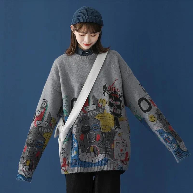 Women Oversized Sweater Autumn Winter Casual Loose Outerwear O Neck Pullover Sweater Coat Student Warm Jumpers Hip Hop Streetwear White Grey