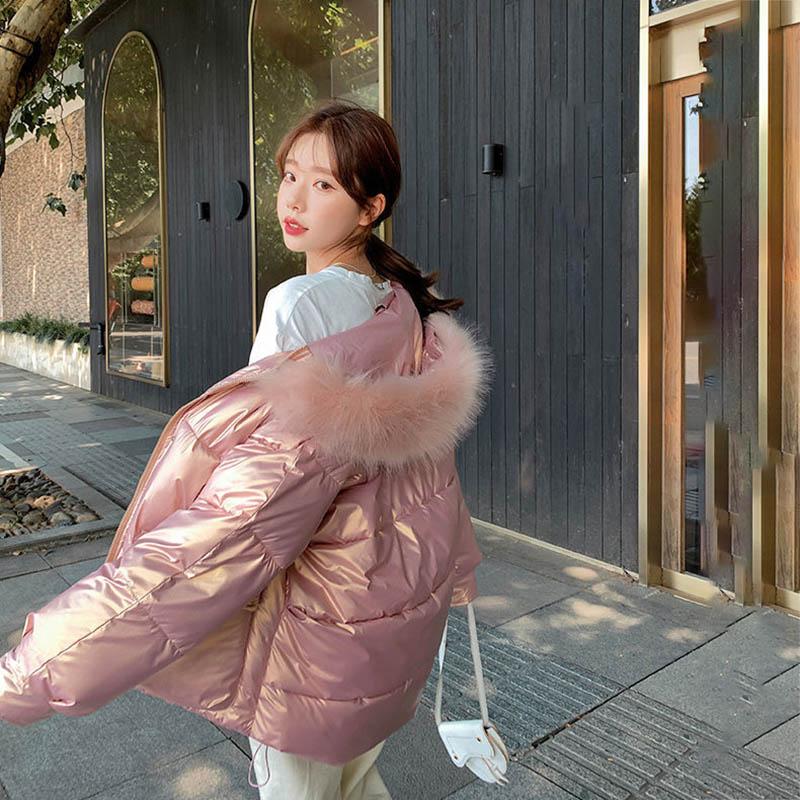 Winter Women's Cotton-padded Jacket Short Section Thickened Big Fur Collar for Girls Shiny Cotton-padded Jacket Warm Jacket