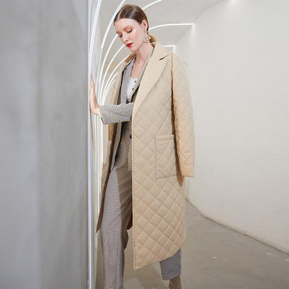 Long Straight Winter Coat with Rhombus Pattern Casual Sashes Women Parkas Deep Pockets Tailored Collar Stylish Outerwear