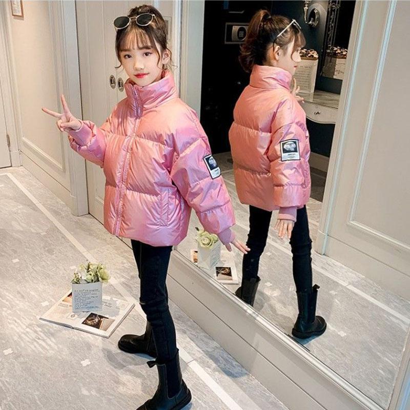 Girls' Cotton-padded Jacket In Winter Big Children's Western Style Korean Version of Thick Padded Jacket Bright Face Stand-up Collar Bread Jacket