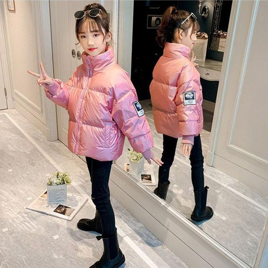 Girls' Cotton-padded Jacket In Winter Big Children's Western Style Korean Version of Thick Padded Jacket Bright Face Stand-up Collar Bread Jacket
