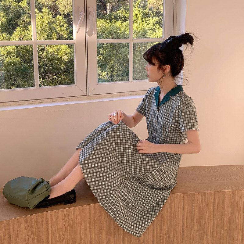 Female Simple Elegant Gentle Plaid Dress Summer French Vintage Mid Long Slim Casual Dress