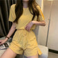 2PCS Women's Summer Ice Silk Cool Short-sleeved Pajamas Set Loose and Short Casual Two-piece T-shirt + Shorts Sports Jogging Suit Home Clothing
