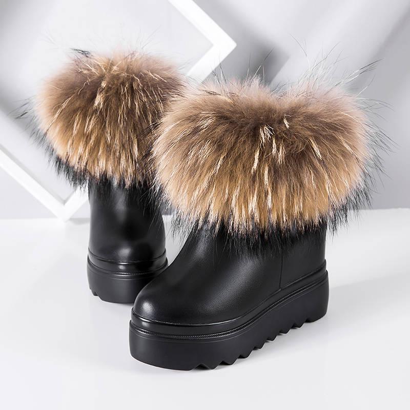 Women's Snow Boots Leather Fox Fur Wedges Non-slip Soft Bottom Boots High Heel Women's Shoes