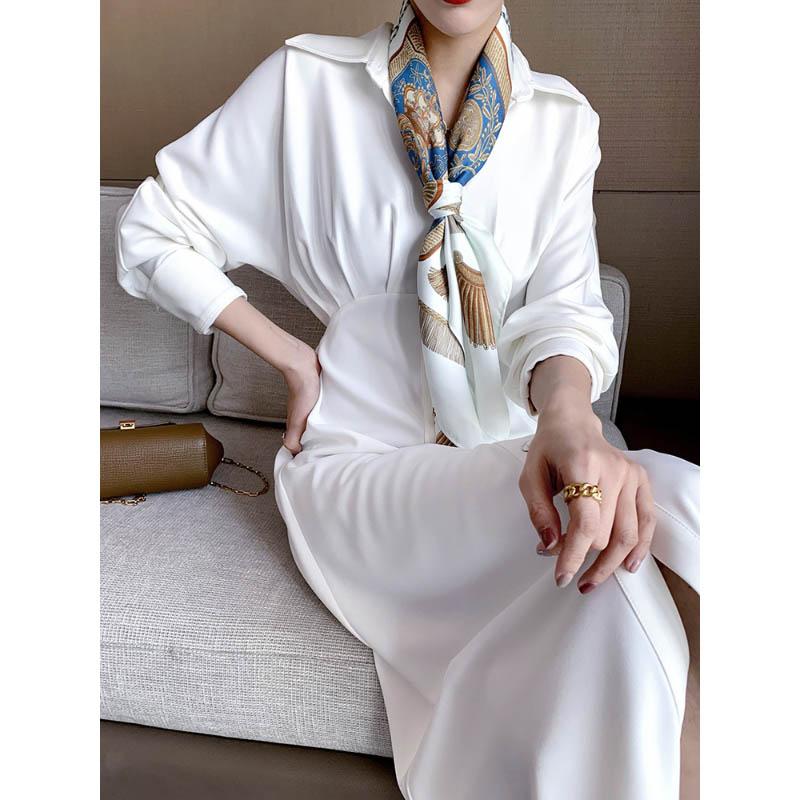 Spring Summer White Shirt Dress Cardigan Niche Waist Waist Was Thin A-line Long Skirt Women