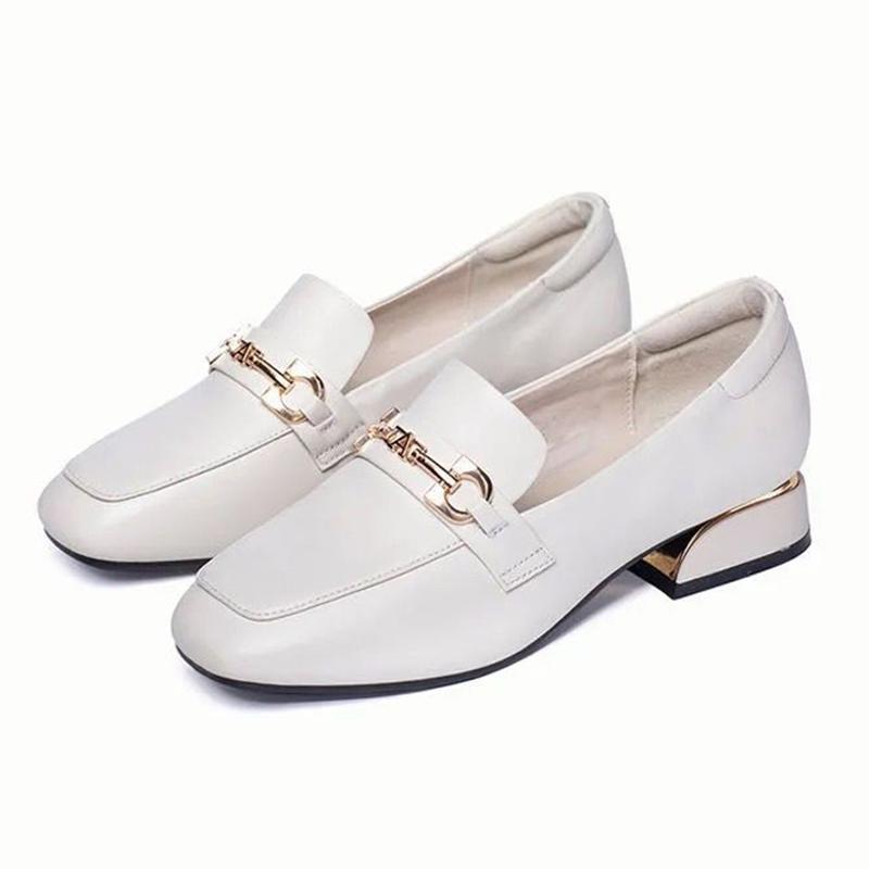 Soft Leather Single Shoes Women's Low-heel Carafe Square-toed Leather Shoes Thick Heel British Style Slip-on Work Women's Shoes