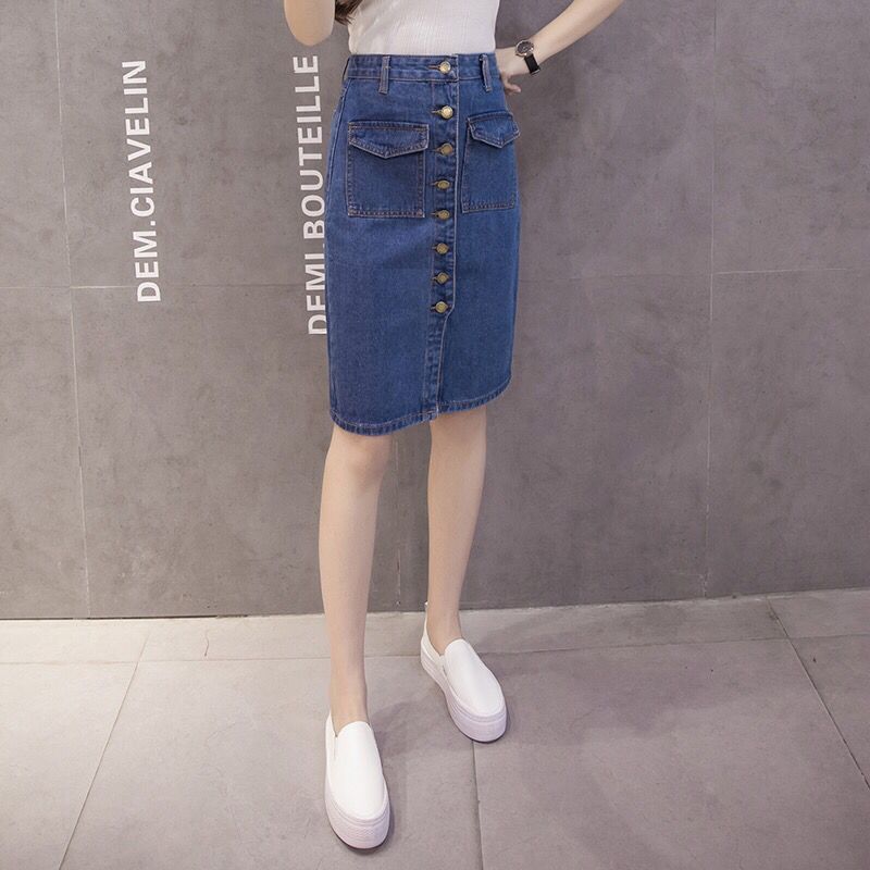 Women Sexy Solid Pocket Buttons Split Denim Skirt High Waist Above Knee Hip Skirt Casual Club Home Office