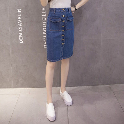 Women Sexy Solid Pocket Buttons Split Denim Skirt High Waist Above Knee Hip Skirt Casual Club Home Office