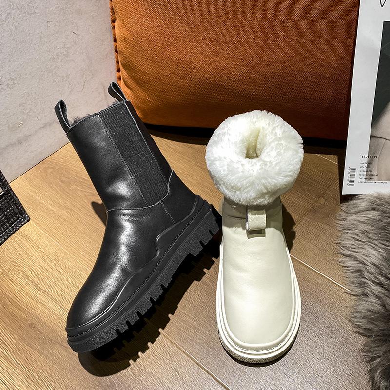 Women Boots Winter Shoes Black White Fur Boots Leather Snow Boots Plush Warm Ankle Booties Platform Chunky Boots