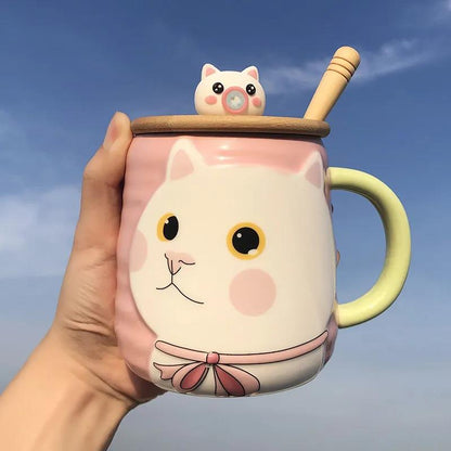 Cute and Cute Ceramic Mug with Lid Spoon Female Student High-value Couple Breakfast Coffee Drinking Cup Ins