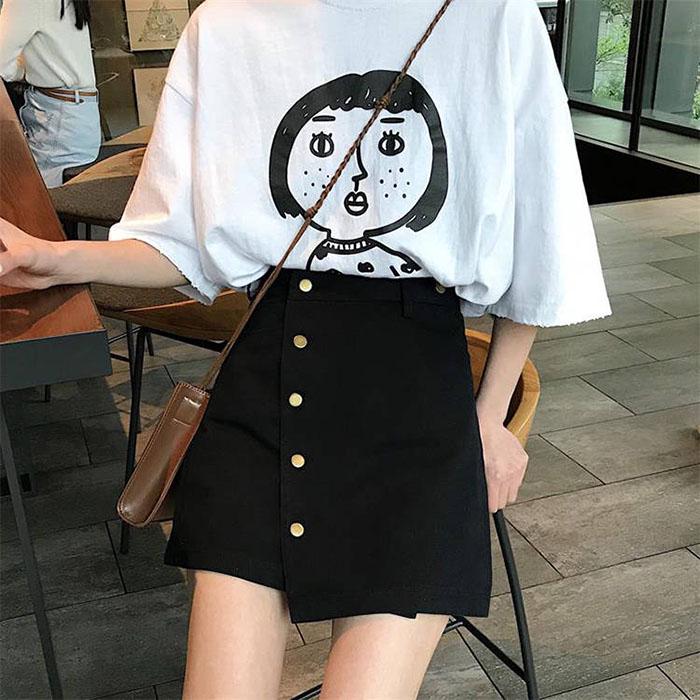 Women Summer High Waist Irregular Denim Skirt Student Anti-Light Thin Black A-line Short Skirt