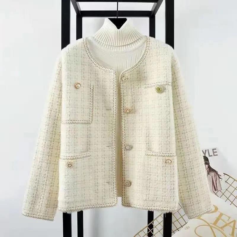 Temperament Xiaoxiangfeng Imitation Mink Short Coat Women's Spring and Autumn Casual Knitted Cardigan Top