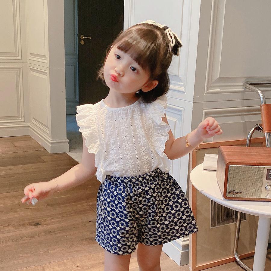 Girls' Summer Dress Foreign Style Shirt Baby Girl Round Neck Flower Shirt Korean Lace Sleeveless Top