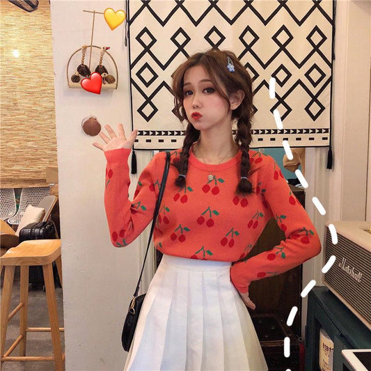 Pofulove Autumn and Winter Thick Cherry Long-sleeved Round Neck Sweater Loose Sweater Large Size