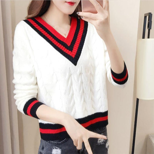 Autumn and Winter Loose Top Knitted Padded Base Shirt V-neck Striped Women's Sweater