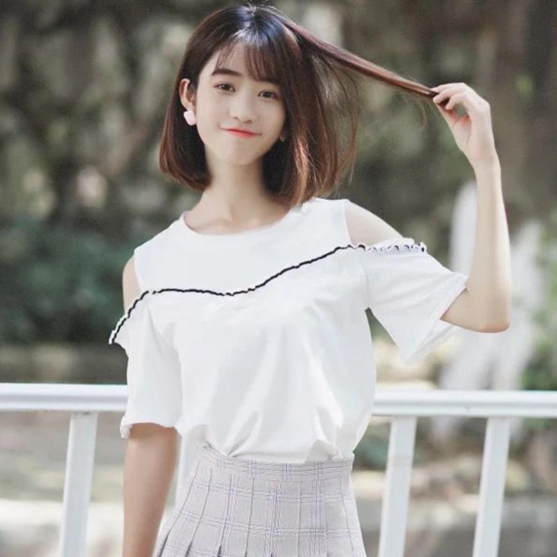Women's Off-shoulder Tops Short-sleeved T-shirts Women's Loose Casual and Versatile Sweet Wind Round Neck Off-shoulder Tops