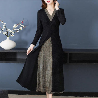 Dress Temperament High-end Fake Two-piece Slim Waist and Thin Spring Long-sleeved Slit Long Dress Women's Clothing